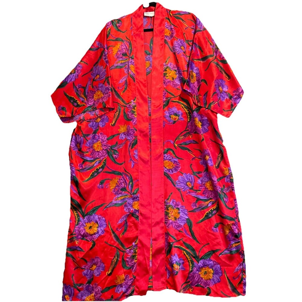 Vtg Cypress Floral Satin Robe Sz Medium Women’s Full Solid Red Trim Made USA